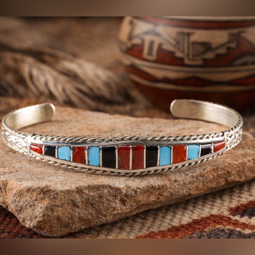 Native American Zuni Sterling Multicolor Inlay Stone Cuff by M.P., Mary Poncho🔥